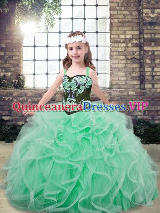 Apple Green Lace Up Straps Embroidery and Ruffles Little Girls Pageant Dress Tulle Sleeveless