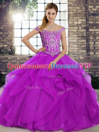 Luxurious Beading and Ruffles Quinceanera Gowns Purple Lace Up Sleeveless Brush Train