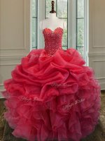 New Arrival Coral Red Sleeveless Floor Length Beading and Ruffles Lace Up Sweet 16 Quinceanera Dress