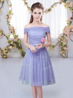 Romantic Lavender Short Sleeves Belt Knee Length Quinceanera Court Dresses