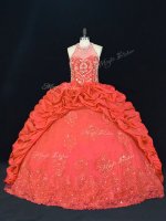 Super Red Halter Top Lace Up Beading and Appliques and Embroidery Sweet 16 Dresses Sleeveless