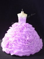 Fantastic Organza Sweetheart Sleeveless Court Train Lace Up Beading and Pick Ups and Hand Made Flower Sweet 16 Dresses in Lilac