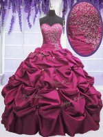 Vintage Fuchsia Ball Gowns Beading and Appliques and Pick Ups Quinceanera Dress Lace Up Taffeta Sleeveless Floor Length