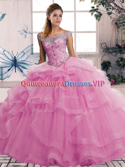 Off The Shoulder Sleeveless Lace Up 15th Birthday Dress Rose Pink Tulle - Click Image to Close