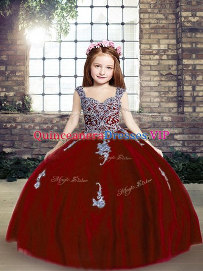 Ball Gowns Kids Pageant Dress Red Straps Tulle Sleeveless Floor Length Lace Up - Click Image to Close