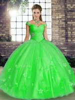 Gorgeous Off The Shoulder Sleeveless Tulle Quince Ball Gowns Beading and Appliques Lace Up