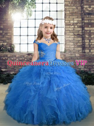 Blue Sleeveless Floor Length Beading and Ruffles Lace Up Pageant Dress for Womens