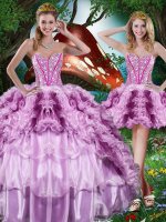 Fancy Sleeveless Organza Floor Length Lace Up Quince Ball Gowns in Multi-color with Beading and Ruffles and Ruffled Layers