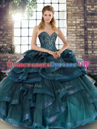 Great Floor Length Ball Gowns Sleeveless Teal 15th Birthday Dress Lace Up