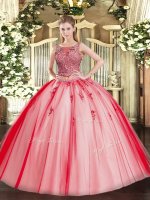 Fitting Two Pieces 15th Birthday Dress Coral Red Scoop Tulle Sleeveless Floor Length Lace Up