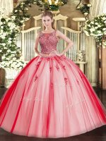 Fitting Two Pieces 15th Birthday Dress Coral Red Scoop Tulle Sleeveless Floor Length Lace Up(SKU SJQDDT1323002-3BIZ)