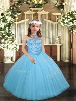 Aqua Blue Lace Up Kids Formal Wear Beading Sleeveless Floor Length