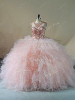 Cheap Brush Train Ball Gowns Ball Gown Prom Dress Pink Scoop Tulle Sleeveless Lace Up