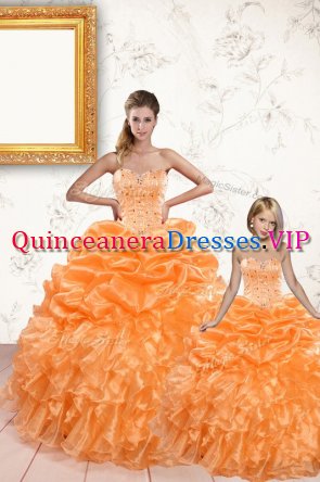 Customized Orange Ball Gowns Sweetheart Sleeveless Organza Floor Length Lace Up Beading and Ruffles and Pick Ups Sweet 16 Dresses