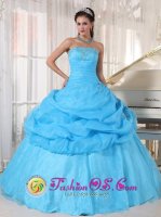 Surfside Beach TX Lovely Baby Blue Strapless Organza Floor-length Ball Gown Appliques Quinceanera Dress with Pick-ups