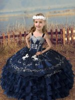 Floor Length Lace Up Little Girls Pageant Dress Wholesale Navy Blue for Wedding Party with Embroidery and Ruffled Layers(SKU XBLD024BIZ)