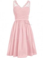 Exceptional Pink Empire Chiffon V-neck Sleeveless Lace and Ruching Knee Length Side Zipper Vestidos de Damas(SKU SWBD091-4BIZ)