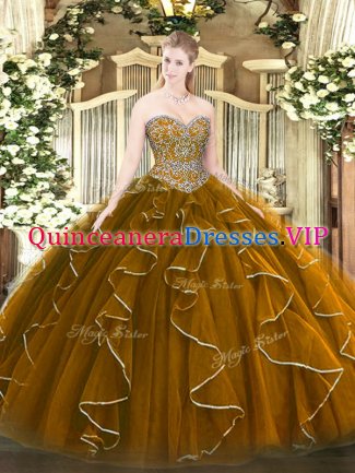 Perfect Sleeveless Beading and Ruffles Lace Up Quince Ball Gowns