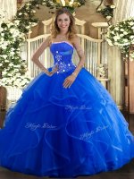 Blue Ball Gowns Tulle Strapless Sleeveless Beading and Ruffles Floor Length Lace Up Quince Ball Gowns(SKU SJQDDT1491002-1BIZ)
