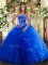 Blue Ball Gowns Tulle Strapless Sleeveless Beading and Ruffles Floor Length Lace Up Quince Ball Gowns