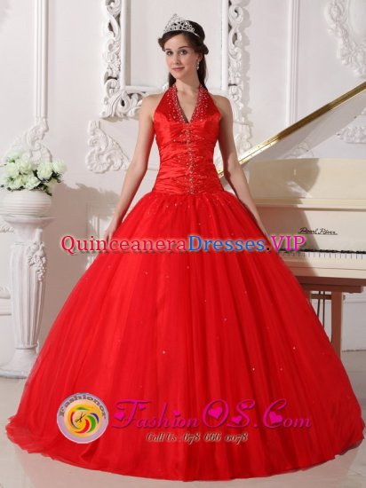A-line Halter Beaded Decorate Red Tulle Sweet 16 Dress In Margate FL - Click Image to Close