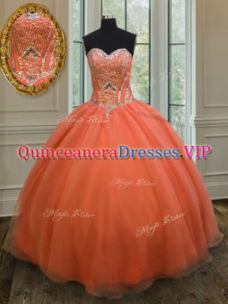 Orange Red Sleeveless Floor Length Sequins Lace Up 15 Quinceanera Dress