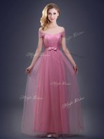 Pretty Floor Length Pink Dama Dress for Quinceanera Off The Shoulder Sleeveless Lace Up