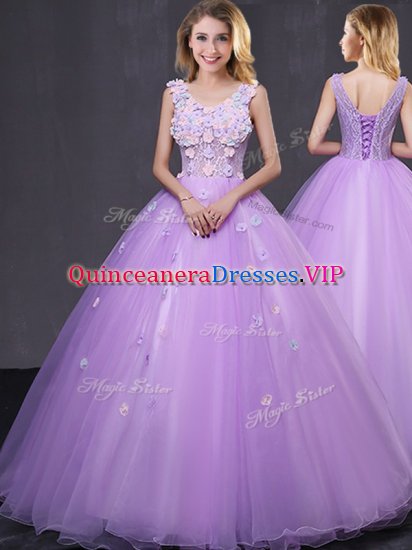 Clearance Lavender V-neck Lace Up Lace and Appliques Quinceanera Gown Sleeveless - Click Image to Close