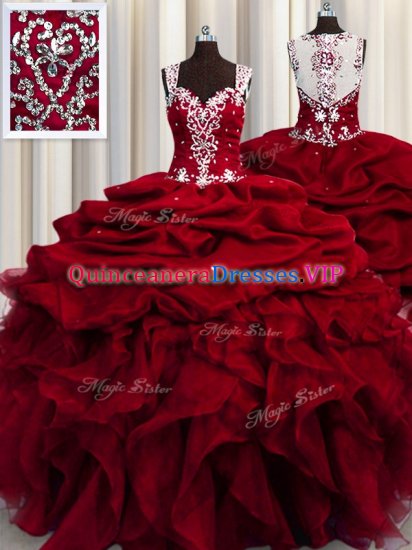 See Through Wine Red Zipper Quinceanera Dresses Beading and Ruffles and Sequins Sleeveless Floor Length - Click Image to Close