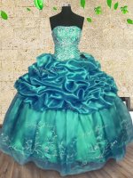 Floor Length Lace Up 15th Birthday Dress Turquoise for Military Ball and Sweet 16 and Quinceanera with Beading and Ruffles(SKU PSSW0237-5BIZ)