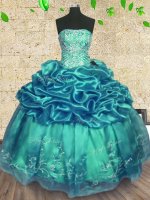 Floor Length Lace Up 15th Birthday Dress Turquoise for Military Ball and Sweet 16 and Quinceanera with Beading and Ruffles