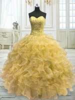 Light Yellow Organza Lace Up Sweet 16 Dress Sleeveless Floor Length Beading and Ruffles