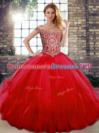 On Sale Red Off The Shoulder Lace Up Beading and Ruffles Quince Ball Gowns Sleeveless