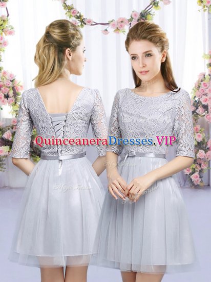 Low Price Scoop Half Sleeves Dama Dress Mini Length Lace and Belt Grey Tulle - Click Image to Close