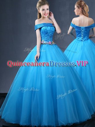 Off the Shoulder Floor Length Lace Up Quinceanera Gowns Baby Blue for Military Ball and Sweet 16 and Quinceanera with Beading and Appliques