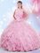 Latest Halter Top Rose Pink Lace Up Sweet 16 Quinceanera Dress Beading and Ruffles Sleeveless Floor Length