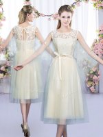 Sleeveless Tea Length Lace and Belt Lace Up Court Dresses for Sweet 16 with Champagne(SKU BMT0452ABIZ)