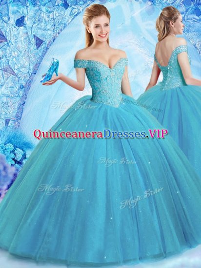 Shining Teal Off The Shoulder Neckline Beading Sweet 16 Dresses Sleeveless Lace Up - Click Image to Close