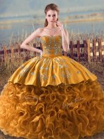 Brown Lace Up Sweetheart Embroidery and Ruffles Ball Gown Prom Dress Fabric With Rolling Flowers Sleeveless