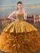 Brown Lace Up Sweetheart Embroidery and Ruffles Ball Gown Prom Dress Fabric With Rolling Flowers Sleeveless