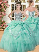 Romantic Apple Green Organza Lace Up Quince Ball Gowns Sleeveless Floor Length Beading and Pick Ups