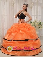 Babbacombe Devon Pretty Black and orange Quinceanera Dress For Summer Strapless Satin and Organza With Beading Ball Gown