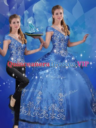 Glamorous Organza Cap Sleeves Floor Length Ball Gown Prom Dress and Beading and Embroidery
