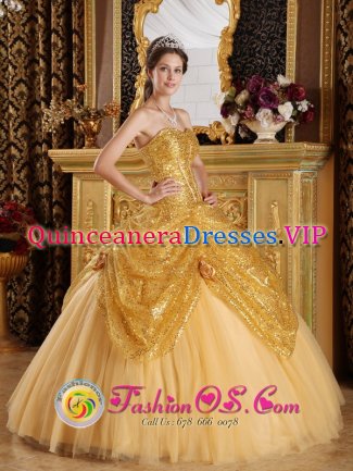 Hand Made Flowers New Gold Cologne Germany Quinceanera Dress Sweetheart Floor-length Strapless Sequin and Tulle Ball Gown