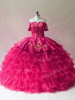 Fuchsia Off The Shoulder Neckline Embroidery and Ruffled Layers 15 Quinceanera Dress Sleeveless Lace Up