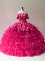 Fuchsia Off The Shoulder Neckline Embroidery and Ruffled Layers 15 Quinceanera Dress Sleeveless Lace Up(SKU PSSW1102-1BIZ)