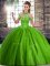 Green Sleeveless Brush Train Beading Quince Ball Gowns