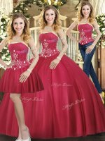Red Ball Gowns Tulle Strapless Sleeveless Beading Floor Length Lace Up Sweet 16 Quinceanera Dress