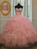 Watermelon Red Organza Lace Up Sweetheart Sleeveless Floor Length Quinceanera Dresses Beading and Ruffles