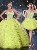 Yellow Green Tulle Lace Up Sweetheart Sleeveless Floor Length Vestidos de Quinceanera Beading and Ruffles